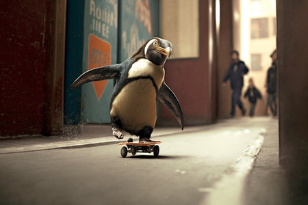 Close-Up a Penguin Skateboarding in New York. Generative AIの素材
