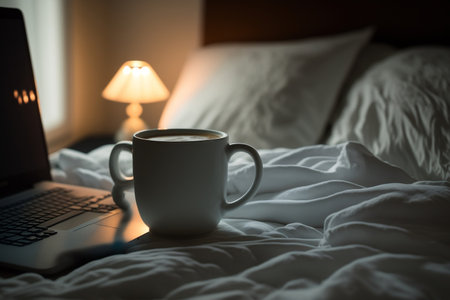 Close-Up of a White Coffee Cup and Laptop on a Bed with Soft Window Light. Generative AIの素材