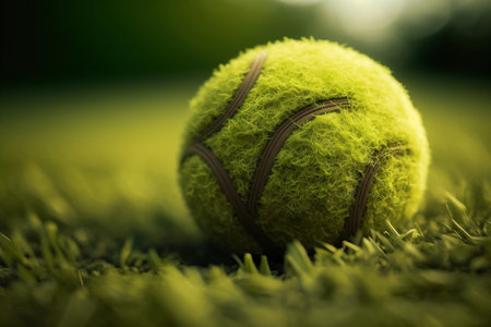 Close-Up of a Tennis Ball on the Grass Court Line. Generative AIの素材