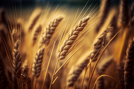 Close-Up of Wheat Ears in a Summer Wheat Field, Agricultural Scene. Generative AIの素材