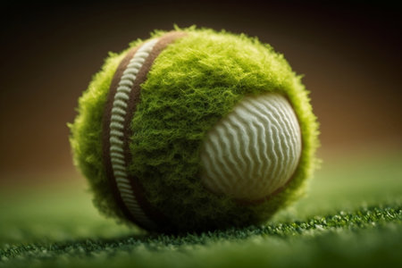 Close-Up of a Tennis Ball on the Grass Court Line. Generative AIの素材