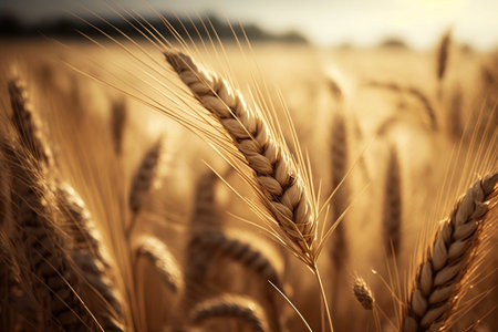 Close-Up of Wheat Ears in a Summer Wheat Field, Agricultural Scene. Generative AIの素材