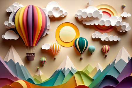 A creative paper art depicting hot air balloons, the sun, clouds, and a rainbow. Generative AIの素材
