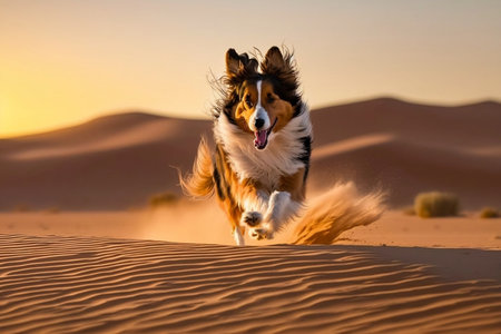A Collie sprinting through a desert landscape. Generative AIの素材