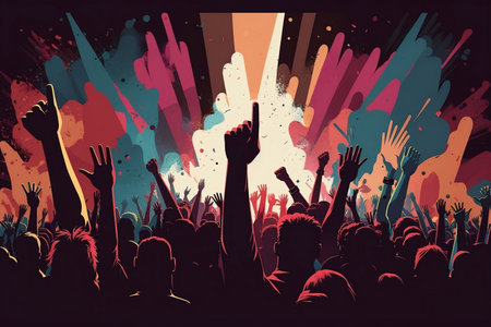 A banner showing a crowd with raised hands at a concert festival. Generative AIの素材
