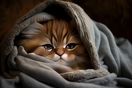A cozy cat wrapped in a blanket. Generative AIの素材