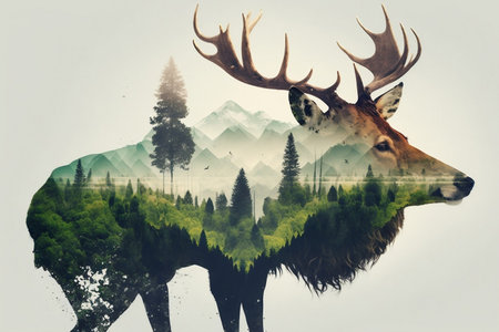 A double exposure of a deer and a green forest. Generative AIの素材