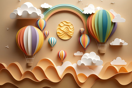 A creative paper art depicting hot air balloons, the sun, clouds, and a rainbow. Generative AIの素材