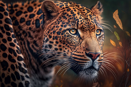 A close-up portrait of a leopard in its natural habitat - a dangerous predator in a wildlife scene. Generative AIの素材
