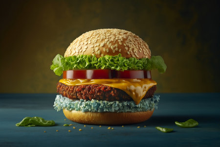 A close-up shot of a delicious vegan burger with copy space for text or advertisement. Generative AIの素材