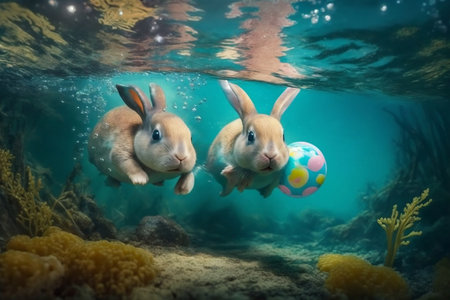 Easter vacation travel with cute bunnies hunting for Easter eggs underwater. Generative AIの素材