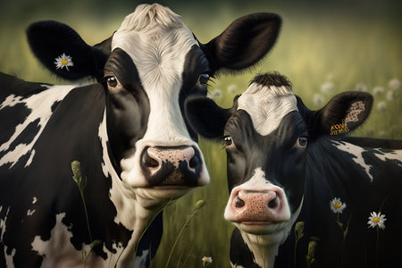 A close-up of cows grazing on a picture meadow. Generative AIの素材
