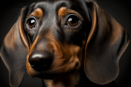 A close-up portrait of a dachshund's face. Generative AIの素材