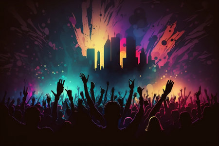 A banner showing a crowd with raised hands at a concert festival. Generative AIの素材