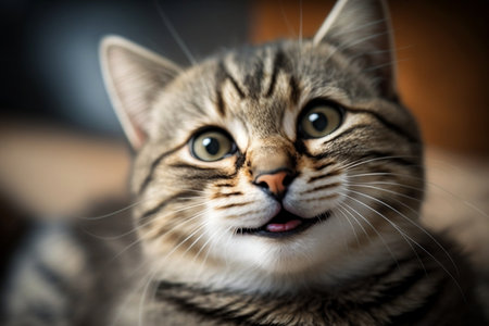 A close-up of a cute cat with a smiling expression. Generative AIの素材