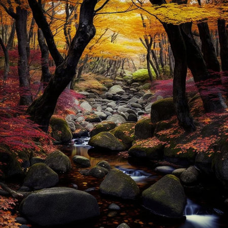 Autumnal Forest Stream in Shosenkyo, Kofu, Yamanashi Prefecture, Japan. AIの素材