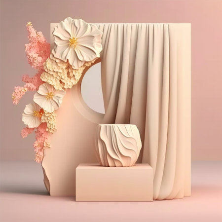 Beauty Product Presentation: Beige Background, Stone Vase with Pink Flower, and Copy Space for summer and spring. Generative AIの素材