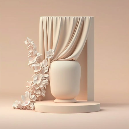 Beauty Product Presentation: Beige Background, Stone Vase with Pink Flower, and Copy Space for summer and spring. Generative AIの素材