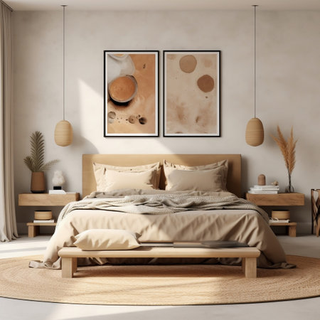 Natural Wood Furniture Bedroom Mockup with Beige Color Scheme Generative AIの素材