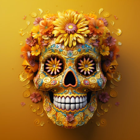 Festive Dia de Los Muertos Background with Sugar Skulls, Marigolds, and Hispanic Heritage Theme Generative AIの素材