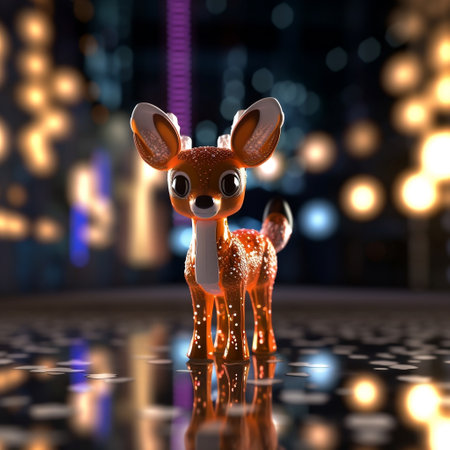 Toy Deer Standing on a Shiny Surface with Blurred Background and Bokeh Lights Generative AIの素材