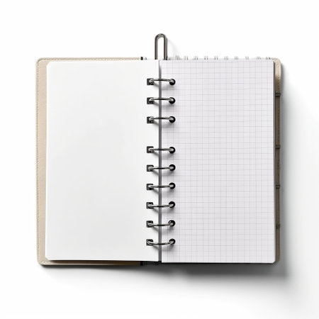 Isolated Blank Open Notebook/Ring Binder on Transparent Background - Perfect for Business Stationery, School, Art, or Craft Supplies. Top View/Flat Lay for Your Scenes with Ample Copyspace Generative AIの素材