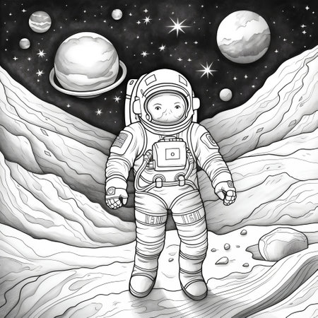 Simple Astronaut Coloring Page for Kids - Cartoon Style with Thin, Crisp Lines, and Space Station Background. Black and White, Low Detail, No Shading, White Background Generative AIの素材