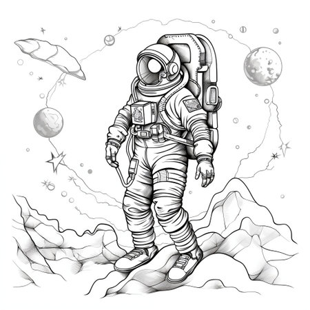 Simple Astronaut Coloring Page for Kids - Cartoon Style with Thin, Crisp Lines, and Space Station Background. Black and White, Low Detail, No Shading, White Background Generative AIの素材