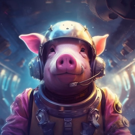 Portrait of Space Pig Astronaut and Spacecraft in Outer Space Generative AIの素材