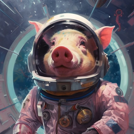 Portrait of Space Pig Astronaut and Spacecraft in Outer Space Generative AIの素材