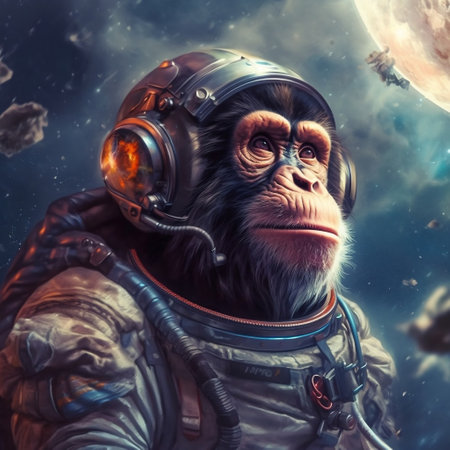 Ape Astronaut in Spacesuit with Galaxy Background, Monkey in Space Generative AIの素材