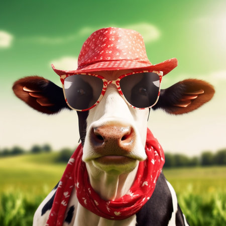 Amusing Cow Wearing Sunglasses and a Red Hat, Standing in Front of a Green Field Background Generative AIの素材