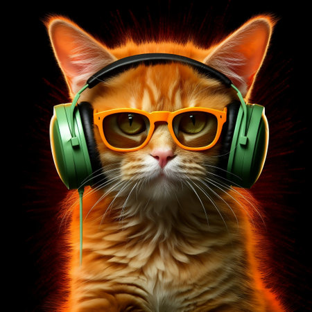 DJ Ginger Cat Wearing Sunglasses and Headphones, Playing Music Generative AIの素材