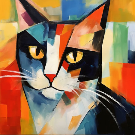 Abstract Art of a Cat, Inspired by Picasso with a Kitty Posing for a Portrait Painting Generative AIの素材