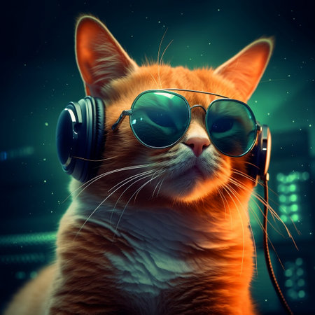 DJ Ginger Cat Wearing Sunglasses and Headphones, Playing Music Generative AIの素材