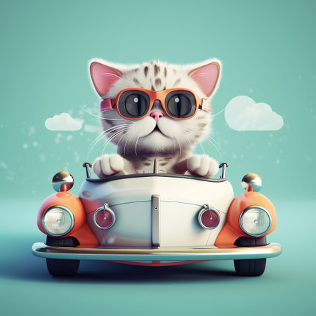 Cute Kitty Driving Sports Car, Funny Animal in Car Generative AIの素材