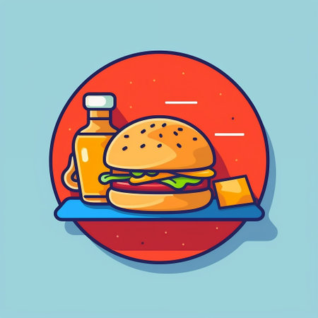 Flat Vector Illustration of a Burger with Ketchup and Sauce Icon in Comic Style Generative AIの素材