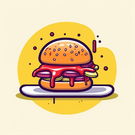 Flat Vector Illustration of a Burger with Ketchup and Sauce Icon in Comic Style Generative AIの素材