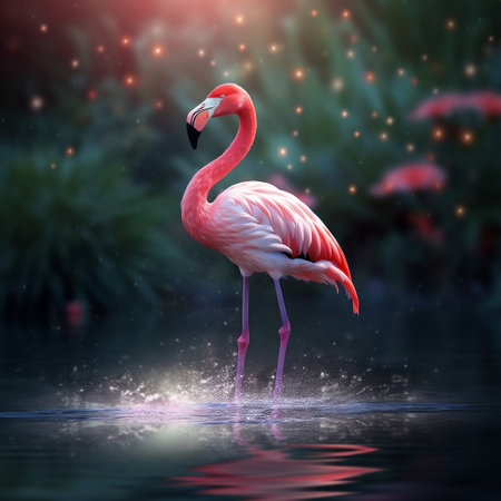 Graceful Pink Flamingo Wading in Water Generative AIの素材