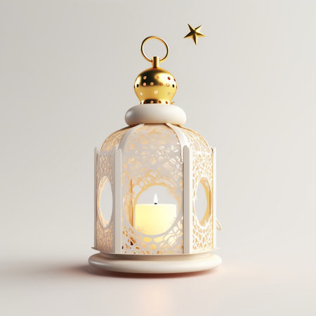 Minimal White Design of Ornamental Arabic Lantern with Burning Candle and Moon for Muslim Holy Month Ramadan Kareem Generative AIの素材