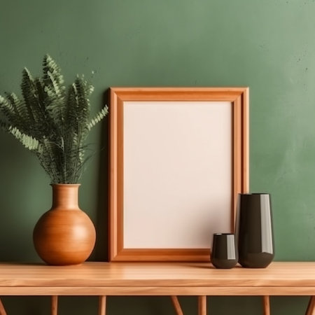 Vertical Wooden Frame Mockup on Green Wall Generative AIの素材