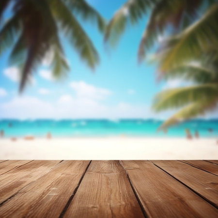 Tropical Beach View on Wooden Table for Product Display Generative AIの素材