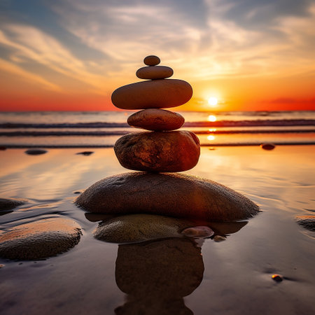 Beach Pebbles Stack at Sunrise Generative AIの素材