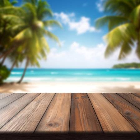 Tropical Beach View on Wooden Table for Product Display Generative AIの素材