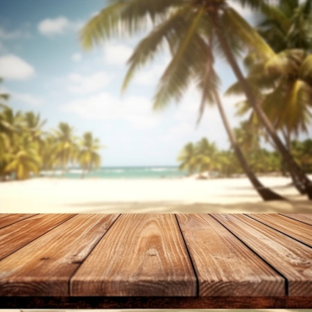 Tropical Beach View on Wooden Table for Product Display Generative AIの素材