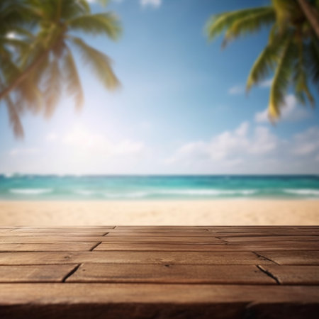 Tropical Beach View on Wooden Table for Product Display Generative AIの素材