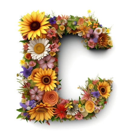 Floral and sunflower, colorful illustration letter C Generative AIの素材