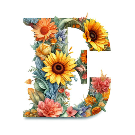 Floral and sunflower, colorful illustration letter E Generative AIの素材