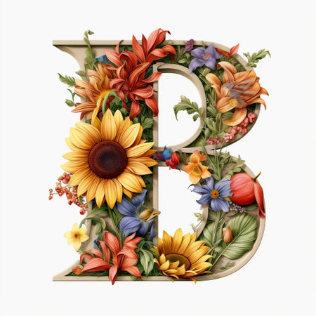 Floral and sunflower, colorful illustration letter B Generative AIの素材