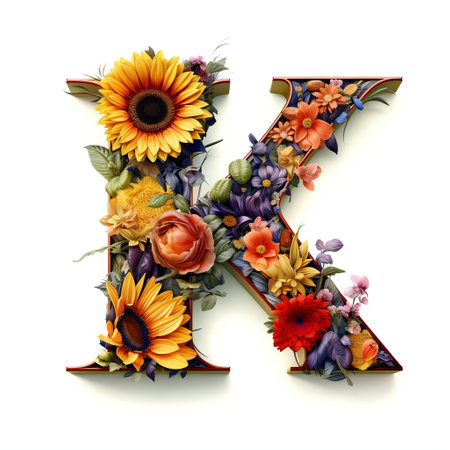 Floral and sunflower, colorful illustration letter K Generative AIの素材